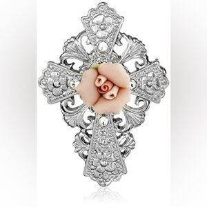 Symbols of Faith Silver-Tone Pink‎ Porcelain Rose Cross Pin NWT